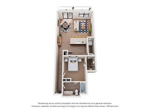 A 3D floor plan of a small apartment with a kitchen, living room, and bathroom.
